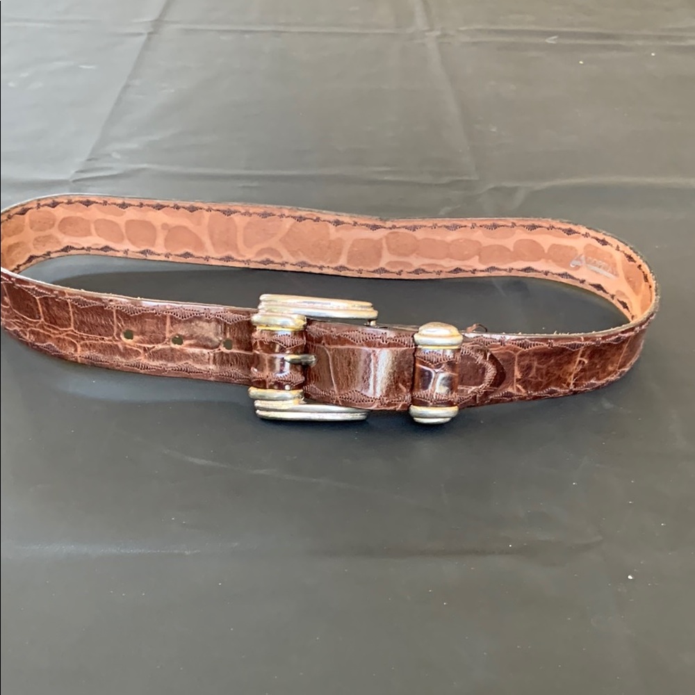 Brown Crocodile Embossed Leather Belt with Double Prong Buckle